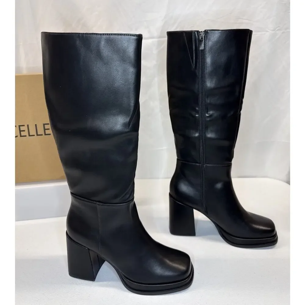 Cellenz Women Knee High Platform Boots Chunky Block Heel Square Toe Black Sz 6.5